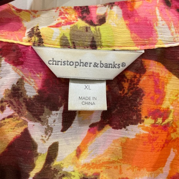 Christopher & Banks XL colorful sunset sheer button up white satin under shirt - Picture 4 of 9